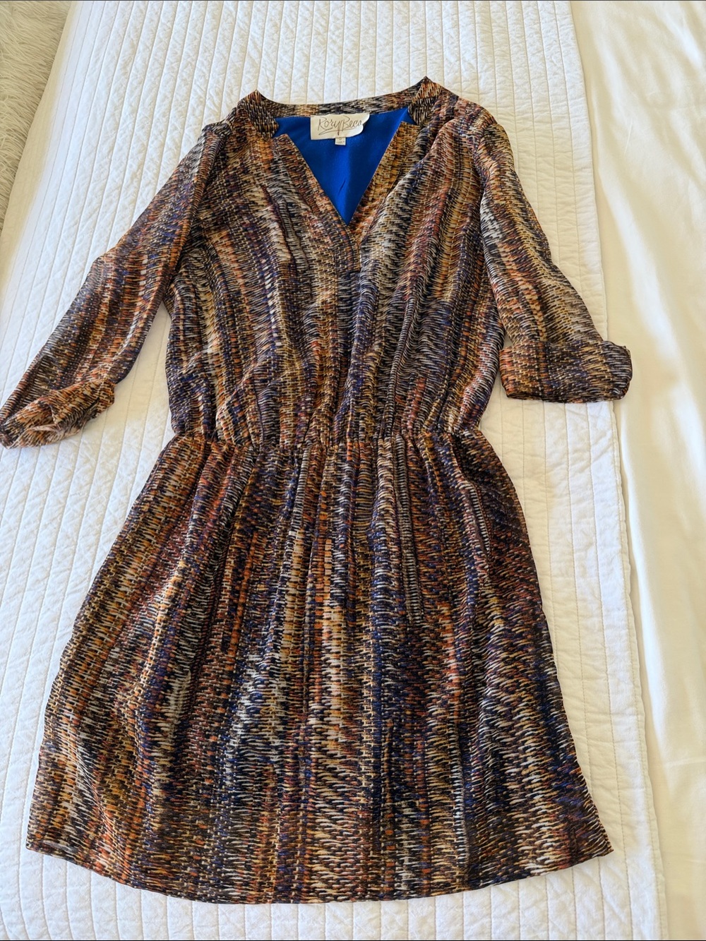 Rory Beca Multicolor Brown Chevron V-Neck Long Sleeve Dress